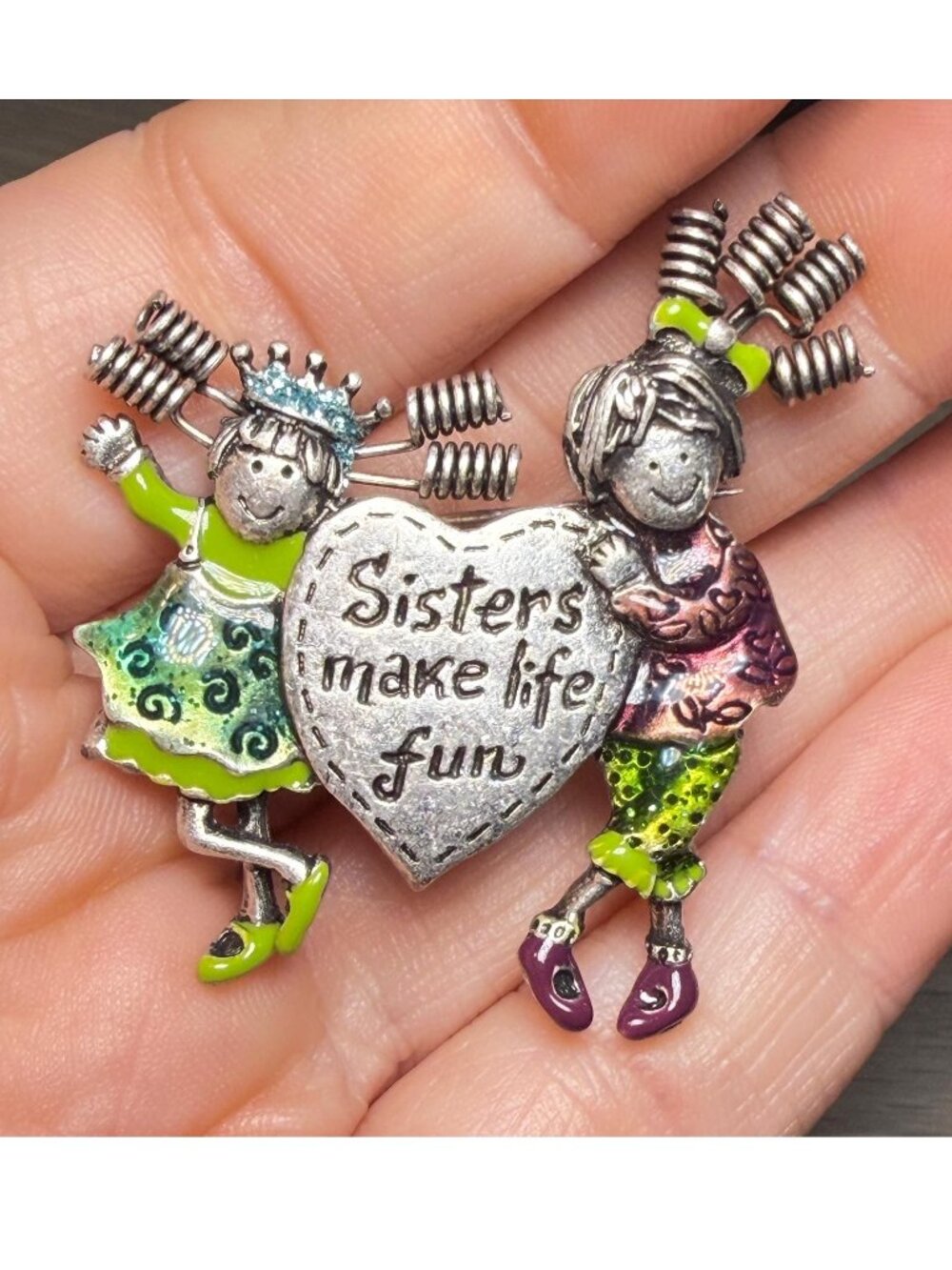 Sisters Brooch Vintage TC Heart Quote Girls Enamel Figural Pin